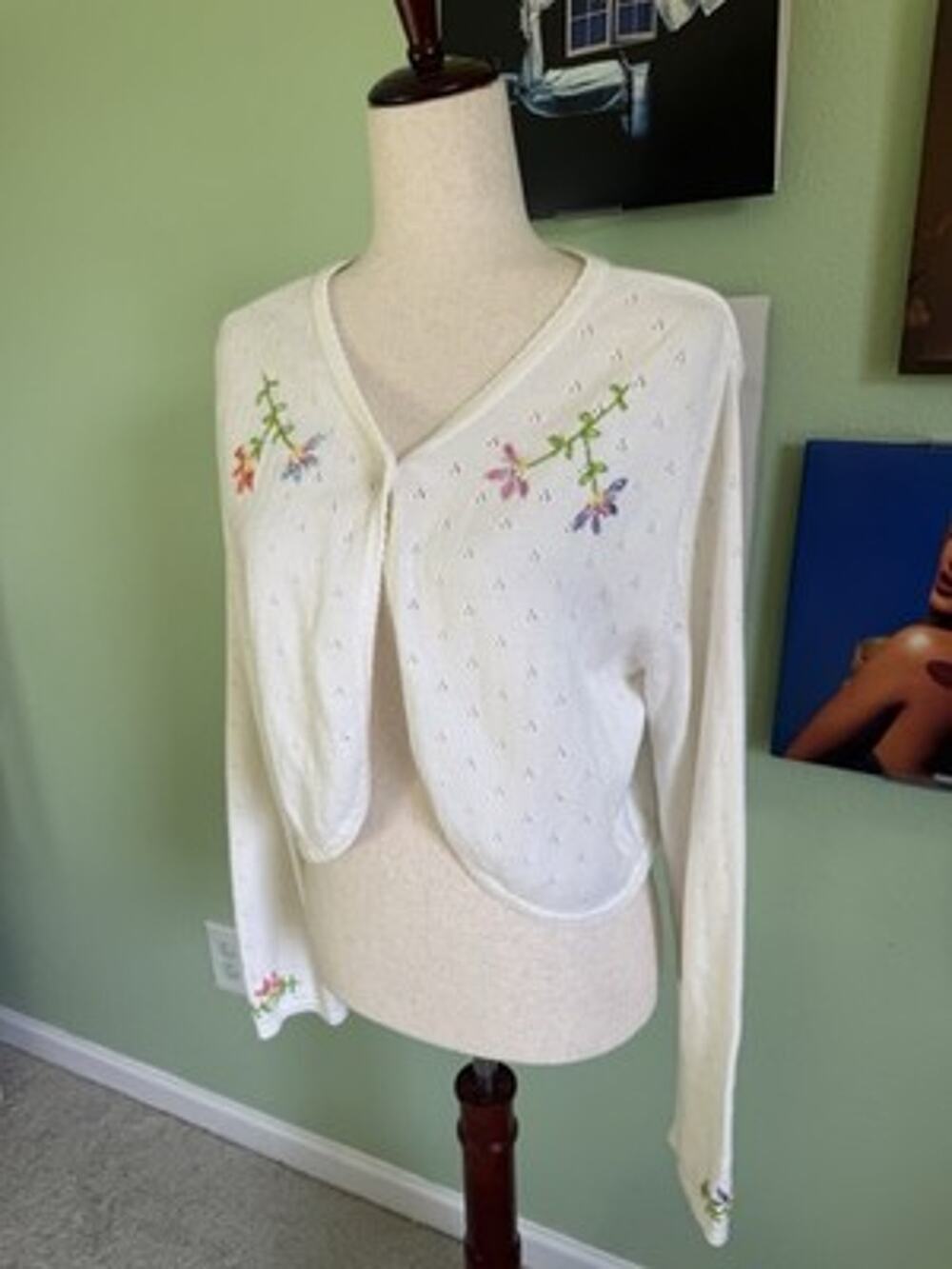 Hanna Andersson Floral Embroidered Pointelle Shrug Cardigan Large Cottagecore